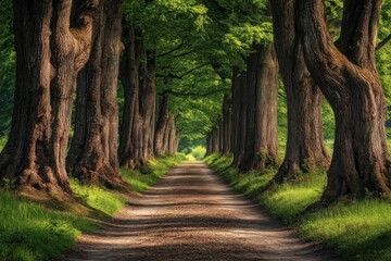 Obraz premium A tranquil forest path lined with tall, ancient trees, leading deeper into the heart of the green wilderness.