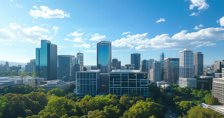 Obraz premium Aerial View of City Skyline and Skyscrapers Under Blue Sky and White Clouds