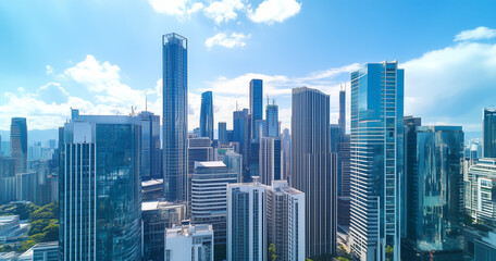 Obraz premium Aerial View of City Skyline and Skyscrapers Under Blue Sky and White Clouds
