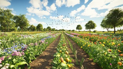 A thriving organic farm with rows of diverse crops and fruit trees, surrounded by wildflowers and buzzing insects.