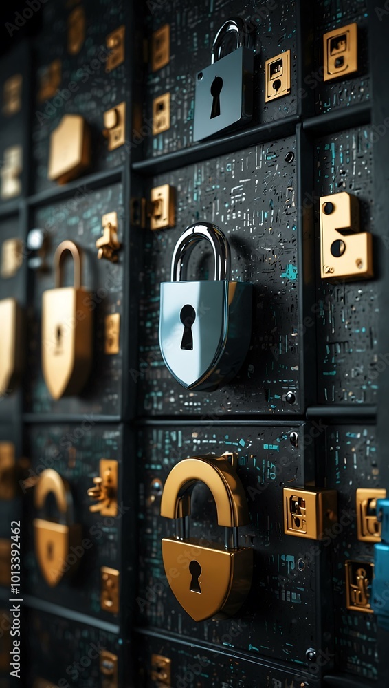 Poster cybersecurity graphics featuring shields and locks securing information.