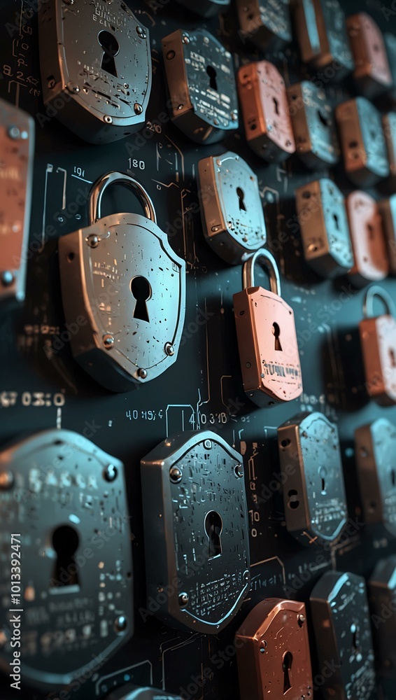 Poster cybersecurity graphics featuring shields and locks securing information.