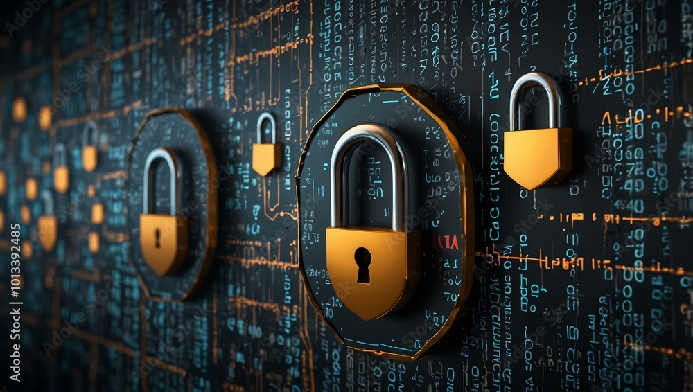 Poster cybersecurity graphics featuring shields and padlocks defending data.