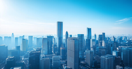 Obraz premium Aerial View of City Skyline and Skyscrapers Under Blue Sky and White Clouds