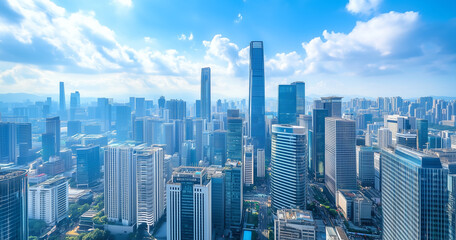 Obraz premium Aerial View of City Skyline and Skyscrapers Under Blue Sky and White Clouds