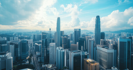Aerial View of City Skyline and Skyscrapers Under Blue Sky and White Clouds