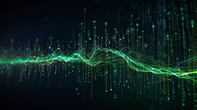 Network, connection and digital transformation for electronic database with bokeh effect. Abstract background of speed, light and neon green pattern for cloud computing and code 