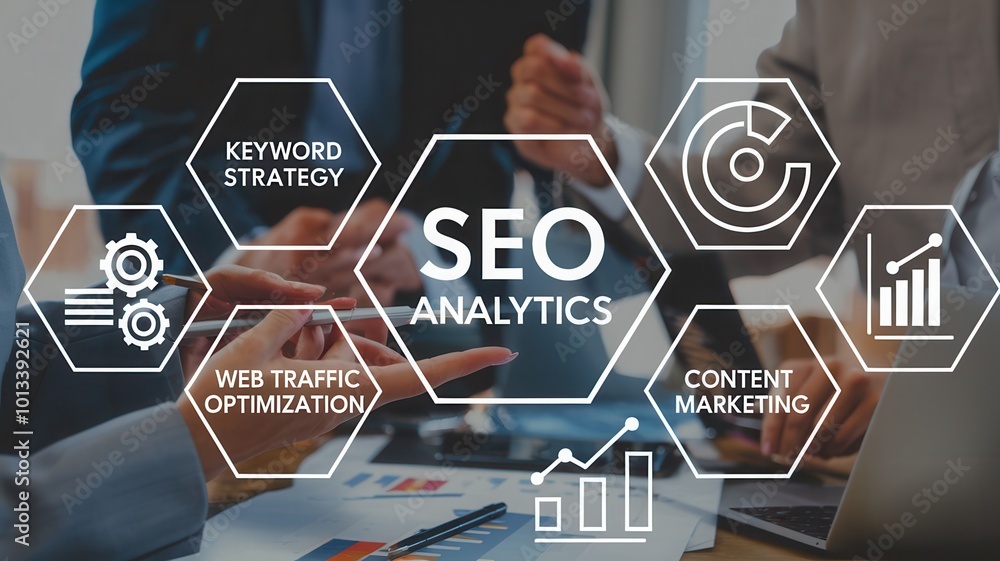 Wall mural hands discussing seo strategies with analytics in the foreground, white isolate background