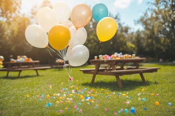 A sunny backyard barbecue celebration, with balloons floating above picnic tables and colorful confetti scattered in the grass, creating a fun, family-friendly atmosphere.