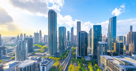 Obraz premium Aerial View of City Skyline and Skyscrapers Under Blue Sky and White Clouds