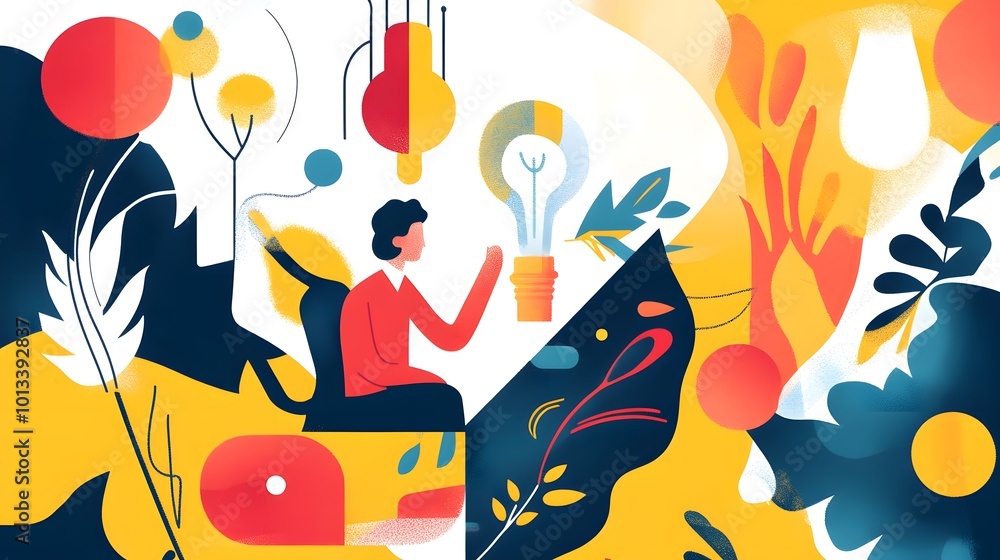 Poster a man sits in front of a computer with a light bulb on his head. the image is a representation of cr