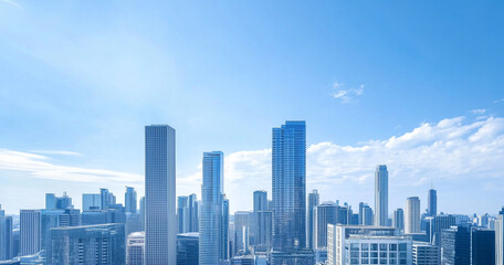 Fototapeta premium Aerial View of City Skyline and Skyscrapers Under Blue Sky and White Clouds