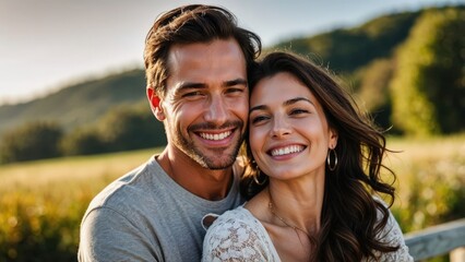 Fototapeta premium Romantic casual attire couple smiling and cuddling hugging on a sunny day background. Happy relationship love concept