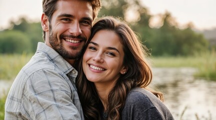 Fototapeta premium Romantic casual attire couple smiling and cuddling hugging on a sunny day background. Happy relationship love concept