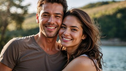 Fototapeta premium Romantic casual attire couple smiling and cuddling hugging on a sunny day background. Happy relationship love concept