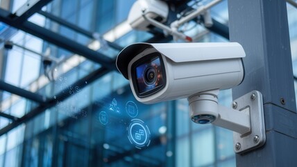 Surveillance camera on a modern building, monitoring for security.