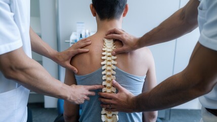 Therapists assessing a patient's spine for treatment in a clinic setting.