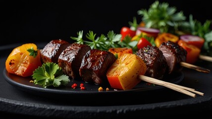 Middle Eastern food in the form of kebabs served on a black plate
