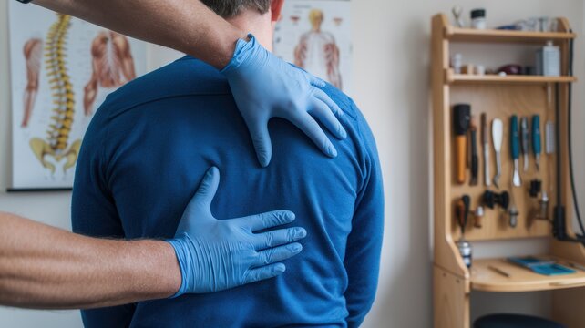 Therapist treating patient's back with gloves in a clinical setting.