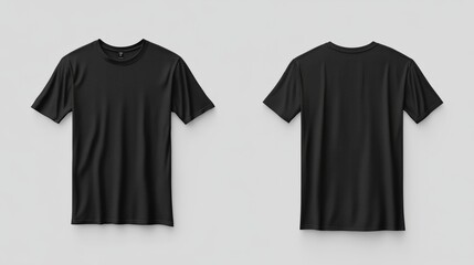 Fototapeta premium A blank black male T-shirt, with front and back views shown, isolated for design presentation, with a clean, neutral backdrop