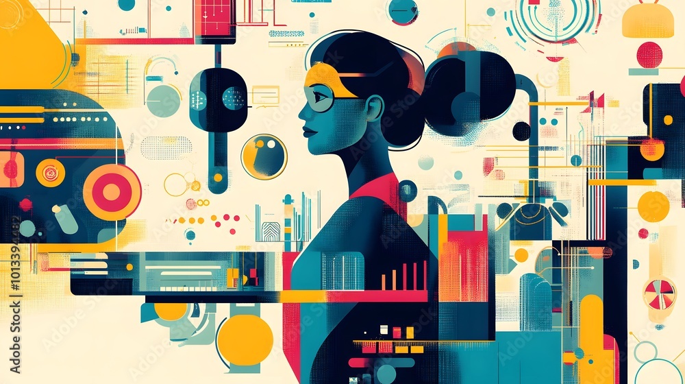 Poster a woman is standing in front of a computer screen with a lot of colorful shapes and lines. the image