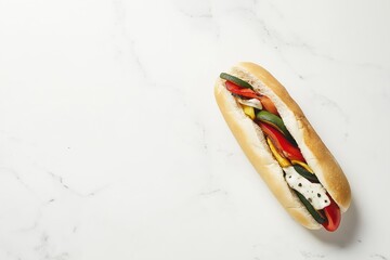 Sandwich with vegetables on it. sandwich is on a white table. The sandwich is cut in half. Tasty sandwich with grilled vegetables, fresh tomato, spices on white marble table, flat lay. Space for text