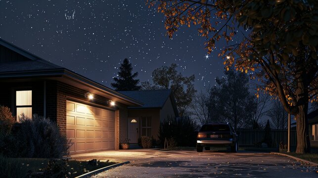 Realistic close up of a floodlight over a garage door with car and starry night background