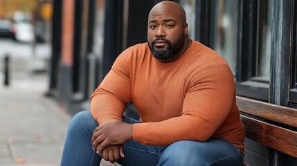 Man with a beard and gray hair is wearing a orange jacket. He is standing on a sidewalk. urban portrait, 35 year old male slightly overweight african american, hip- shot, full body,