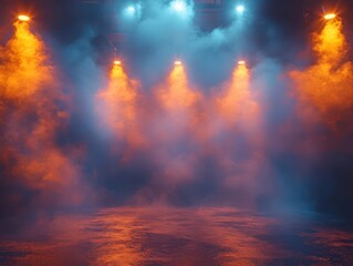 Fototapeta premium empty concert stage illuminated by bright spotlights and enveloped in smoke creating an atmosphere of anticipation the scene invites viewers to imagine the performance about to unfold