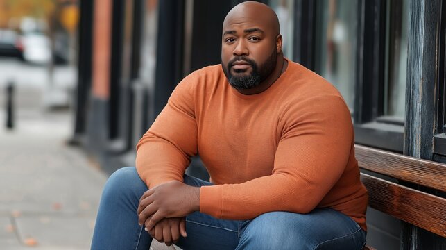 Man with a beard and gray hair is wearing a orange jacket. He is standing on a sidewalk. urban portrait, 35 year old male slightly overweight african american, hip- shot, full body,