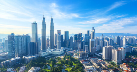 Fototapeta premium Aerial View of City Skyline and Skyscrapers Under Blue Sky and White Clouds