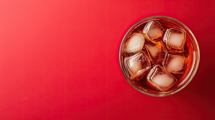 Cola with ice. Fresh cold sweet drink with ice cubes. On a red background with copy space.