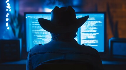 Silhouette of a person wearing a cowboy hat in front of a computer screen