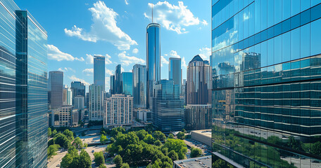 Obraz premium Aerial View of City Skyline and Skyscrapers Under Blue Sky and White Clouds