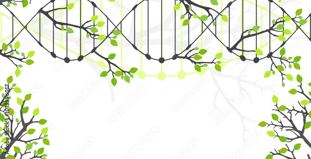 Poster scientific medical background with abstract image of dna molecule and tree branches. hand drawn vect