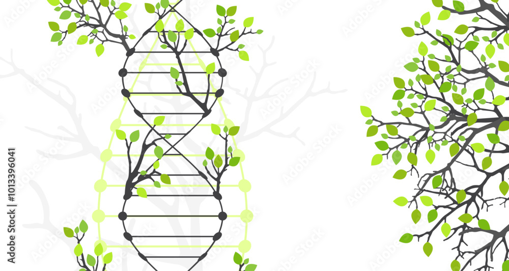 Poster scientific medical background with abstract image of dna molecule and tree branches. hand drawn vect