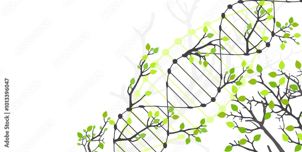 Poster scientific medical background with abstract image of dna molecule and tree branches. hand drawn vect