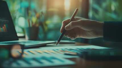 person writing in notebook with laptop and office supplies