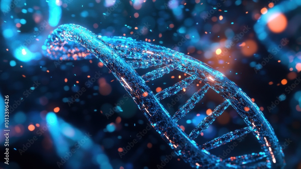 Aufkleber a digital representation of a dna double helix with glowing particles in a vibrant background.
