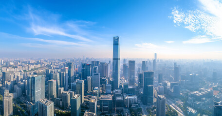 Aerial View of City Skyline and Skyscrapers Under Blue Sky and White Clouds