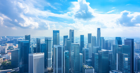 Fototapeta premium Aerial View of City Skyline and Skyscrapers Under Blue Sky and White Clouds