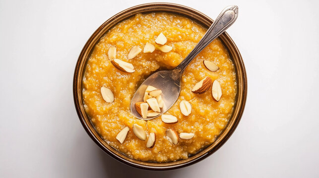 Top view of suji ka halwa on white background