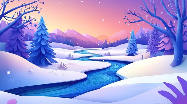 A winter river transformed into ice A river in winter frozen over