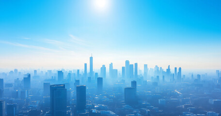 Fototapeta premium Aerial View of City Skyline and Skyscrapers Under Blue Sky and White Clouds