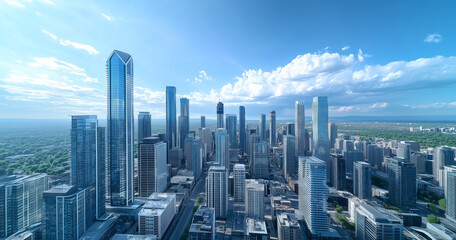 Obraz premium Aerial View of City Skyline and Skyscrapers Under Blue Sky and White Clouds
