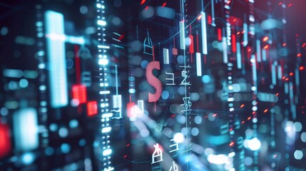 Futuristic finance matrix  innovative analytics with digital graphs and currency symbols