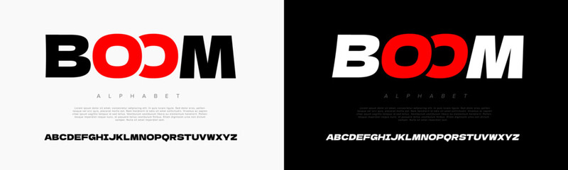 Fototapeta premium Boom creative modern geometric urban alphabet font. Digital abstract futuristic, game, techno, robot, music, logo, sport, minimal technology typography. Simple numeric vector illustration