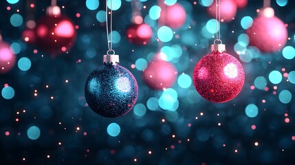 Fototapeta premium Glittering blue and red ornaments hang against a shimmering bokeh backdrop, creating a festive atmosphere filled with warmth and joy. Festive Space