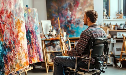 Artist in wheelchair paints colorful abstract art.