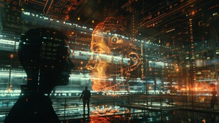 Futuristic matrix style finance composition featuring digital graphs and currency symbols